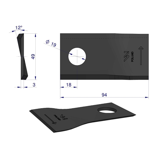 Nóż. nożyk kosiarka lewy 94x48x4mm otwór 19 zastosowanie TF-71 Kverneland Taarup WARYŃSKI ( sprzedawane po 25 )