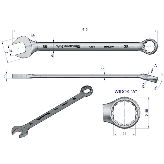 Klucz płaskooczkowy extra długi 38mm dł 510mm standard ASME B107.9M  Waryński