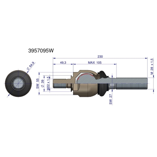 Przegub kierowniczy 230mm- M22x1.5; M28x1.5 3957095 WARYŃSKI