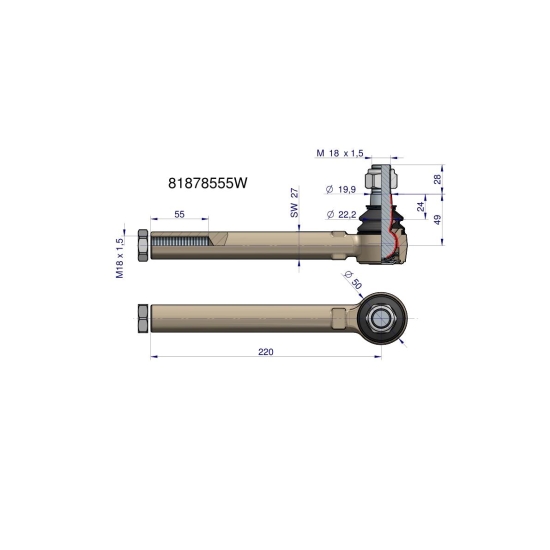Przegub kierowniczy 220mm- M18x1,5 81878555 WARYŃSKI