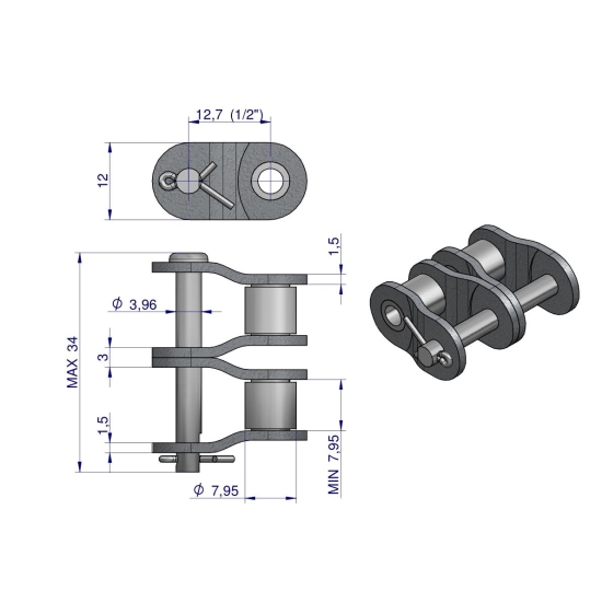 Półogniwo łańcucha P08B-2 (R2 1/2) Waryński ( sprzedawane po 10 )