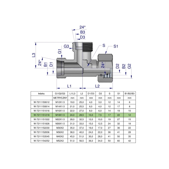 Trójnik hydrauliczny niesymetryczny metryczny BBA M18x1.5 12L (XEVL) Waryński ( sprzedawane po 5 )