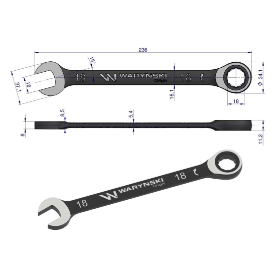 Klucz płasko-oczkowy 18 mm z grzechotką 72 zęby standard ASME B107-2010 Waryński