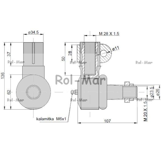 Przegub kierowniczy 105mm - M28x1,5 3599679M91 Massey Ferguson TAQ