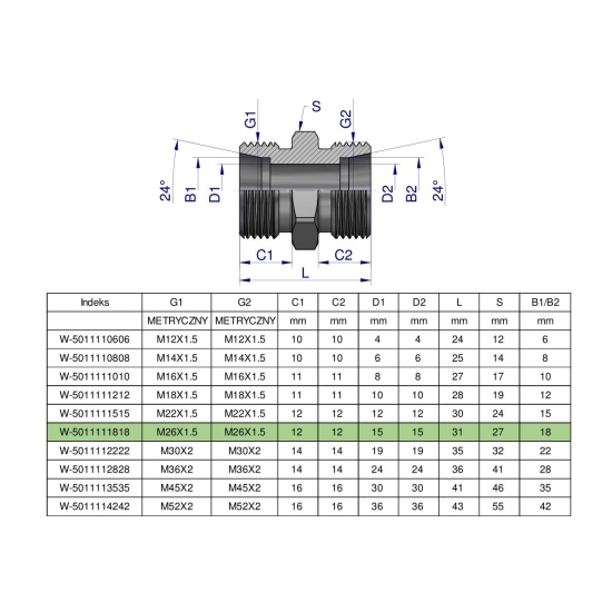 Złączka hydrauliczna metryczna BB M26x1.5 18L (XG) Waryński ( sprzedawane po 5 )