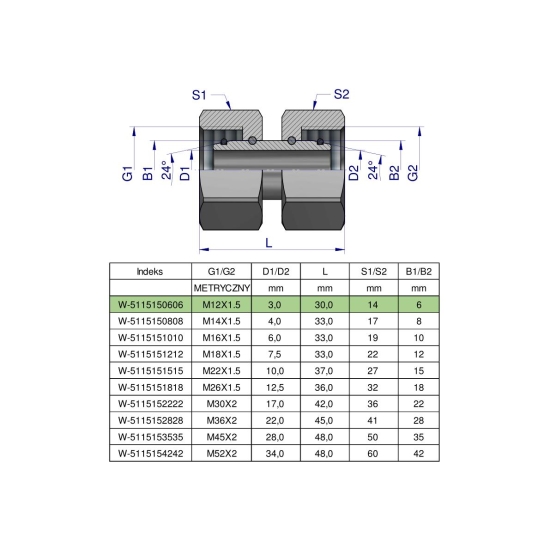 Złączka hydrauliczna metryczna AA M12x1.5 06L Waryński ( sprzedawane po 5 )