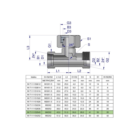 Trójnik hydrauliczny symetryczny metryczny BAB M45x2 35L (XEVT) Waryński