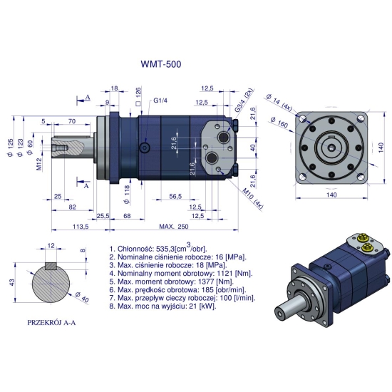 Silnik hydrauliczny orbitalny WMT 500 cm3/obr (160 bar / max.210 bar) Waryński