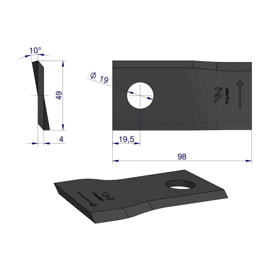 Nóż. nożyk kosiarka lewy 98x48x4mm otwór 19 zastosowanie 153171311 SIP WARYŃSKI ( sprzedawane po 25 )