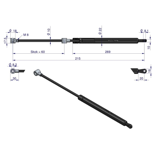 Siłownik szyby przedniej L max. 215mm 65499068 DIETEG POLMO