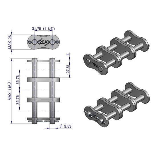 Zamek łańcucha wzmocnionego Z20A-3 ANSI A 100 (R3 1.1/4) Waryński ( sprzedawane po 3 )