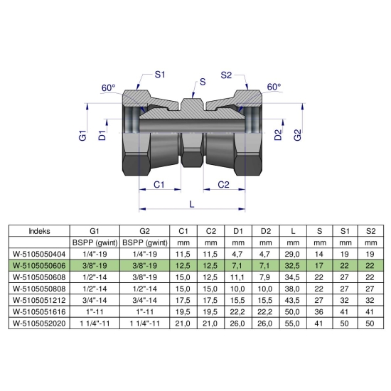 Złączka hydrauliczna calowa AA 3/8" BSP Waryński ( sprzedawane po 2 )