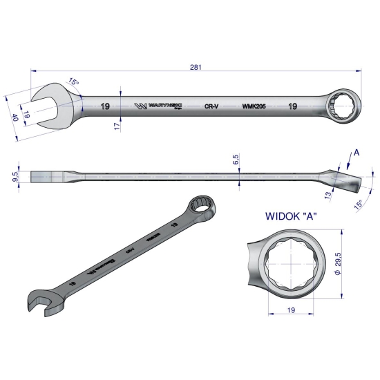 Klucz płaskooczkowy extra długi 19mm dł 281mm standard ASME B107.9M  Waryński