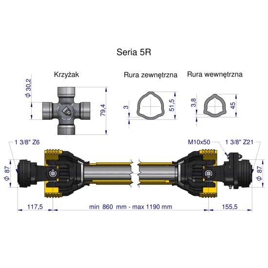 Wał przegubowo-teleskopowy 860-1190mm 620Nm sprzęgło z kołkiem Z21 2200 Nm CE 2020 seria 5R Waryński