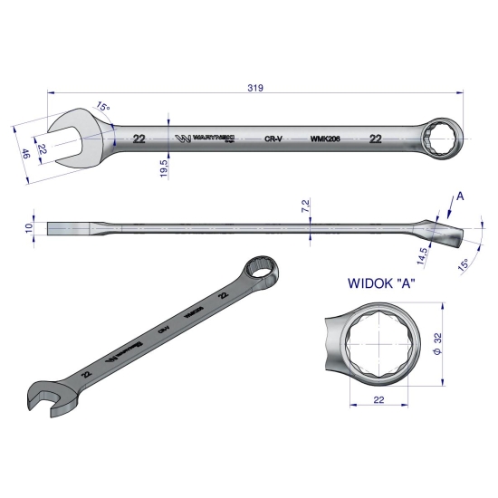 Klucz płaskooczkowy extra długi 22mm dł 319mm standard ASME B107.9M  Waryński