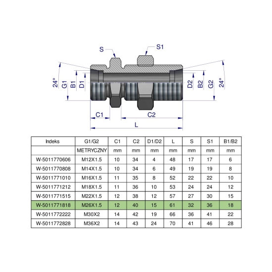 Złączka hydrauliczna metryczna grodziowa BB M26x1.5 18L z przeciwnakrętką (XSV) Waryńśki