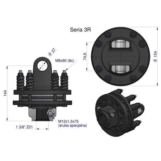 Sprzęgło cierne 2 tarczowe wału Seria 3R 900Nm - 27x75 - 1 3/8 Z21 WARYŃSKI