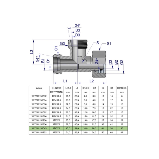 Trójnik hydrauliczny niesymetryczny metryczny BBA M45x3 35L (XEVL) Waryński