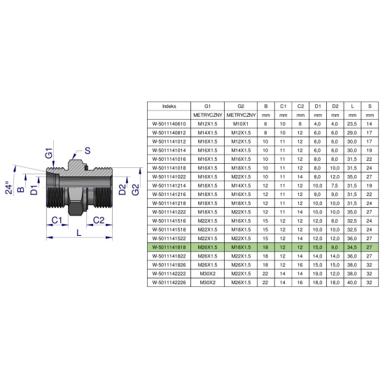 Przyłączka hydrauliczna metryczna BB (XGE) M26x1.5 18L x M18x1.5 ED Waryński ( sprzedawane po 2 )