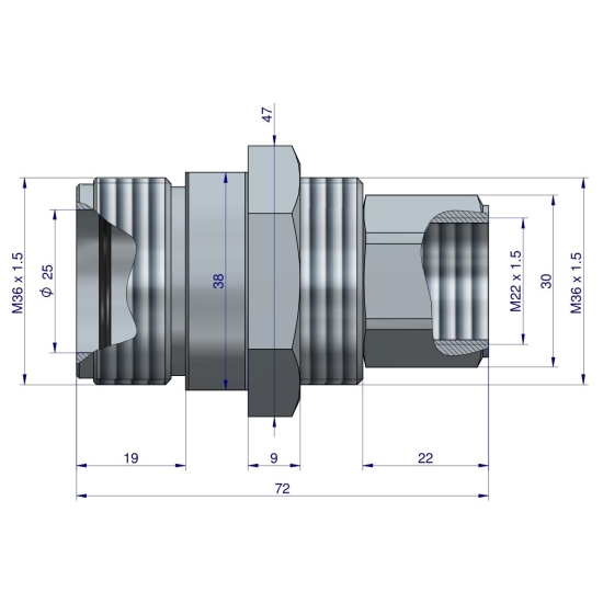 Zawór gniazdo M22x1.5 gwint wewnętrzny skręcane Waryński