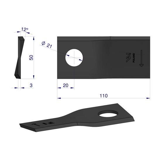 Nóż. nożyk kosiarka prawy 110x50x3mm otwór 21 zastosowanie 4047015 Galfre WARYŃSKI ( sprzedawane po 25 )