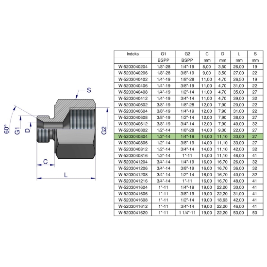 Tulejka różnicowa hydrauliczna calowa AB 1/2"GZ x 1/4"GW BSP Waryński ( sprzedawane po 2 )