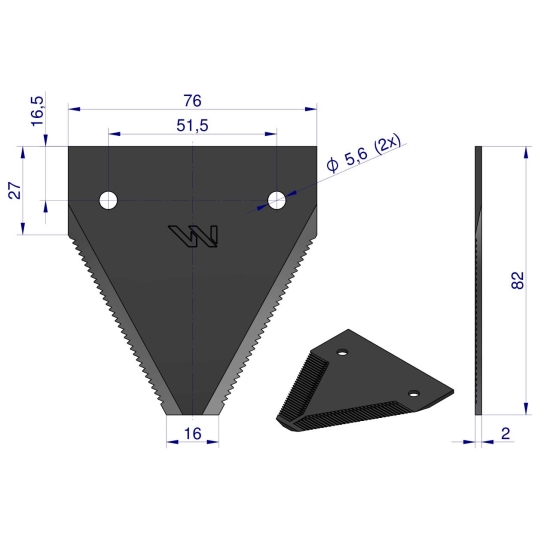 Nóż żniwny 82x76x2mm otwór 5.6 zastosowanie N336G Mörtl WARYŃSKI ( sprzedawane po 25 )